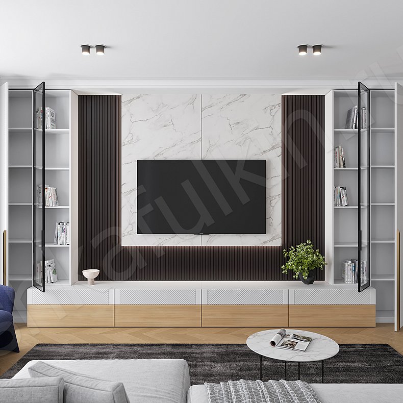 Изображение Стенка Анабэль Белый Древесный Светлые Неоклассика  Гостиная Для книг Для декора Под ТВ 8