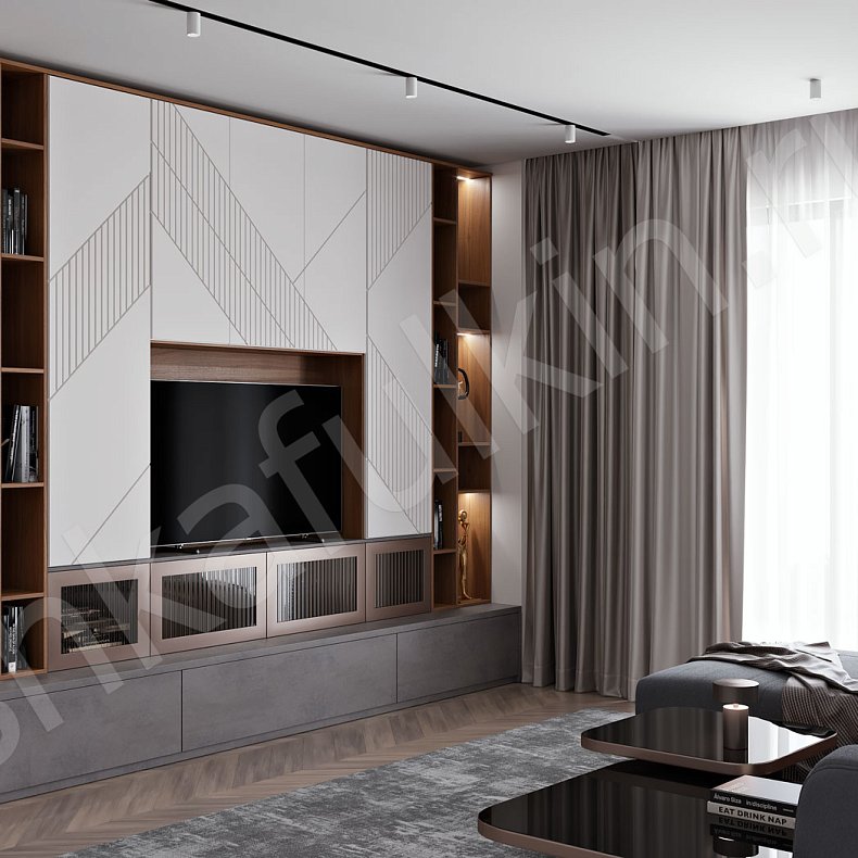 Стенка Мирра Светлые Белый Древесный Серый Современный  Гостиная Для книг Для декора Под ТВ