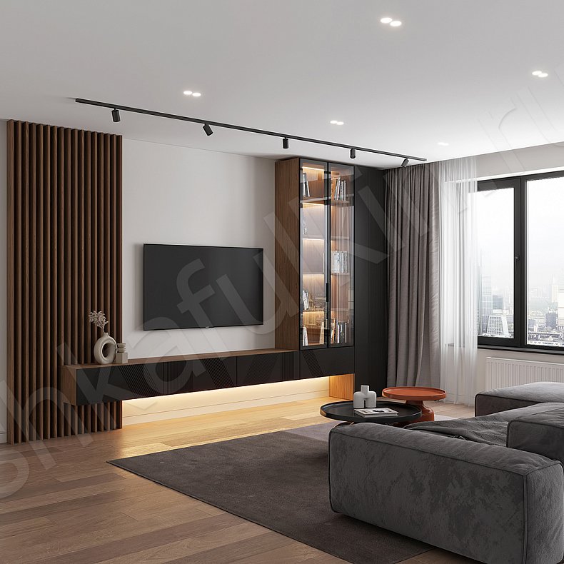 Изображение Стенка Клеопатра Черный Древесный Коричневый Светлые Темные Современный 3х створчатые Гостиная Для книг Для декора Под ТВ 7