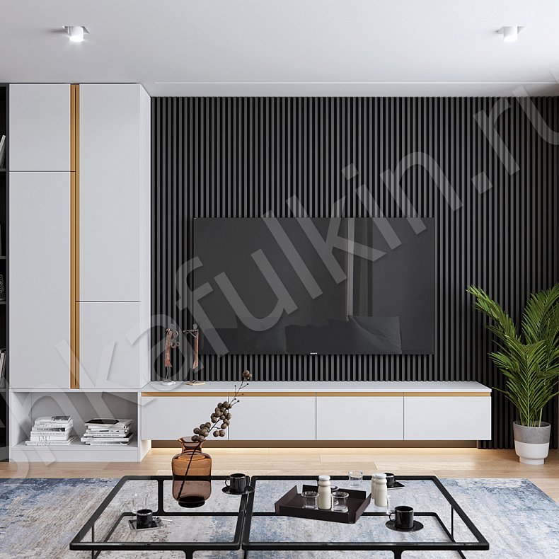 Изображение Стенка Окленд Белый Золото Светлые Модерн 2х створчатые Гостиная Для книг Для декора Под ТВ 2