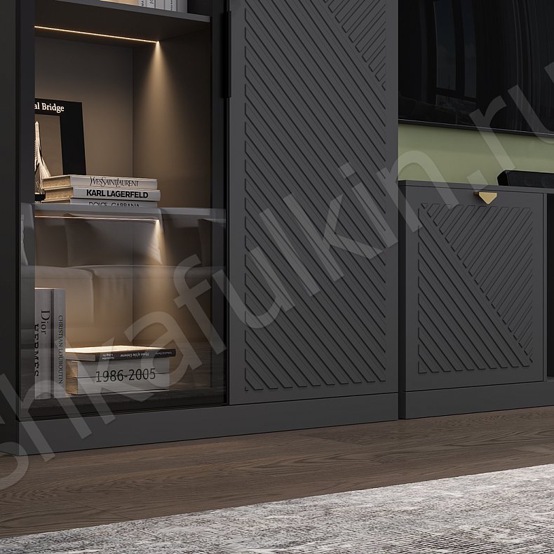 Изображение Стенка Пеппер Черный Темные Неоклассика 4х створчатые Гостиная Для книг Для декора Под ТВ 9