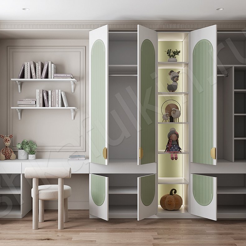 Детская Астория Белый Зеленый Современный 4х створчатые Детская Для книг Для декора Для вещей 1