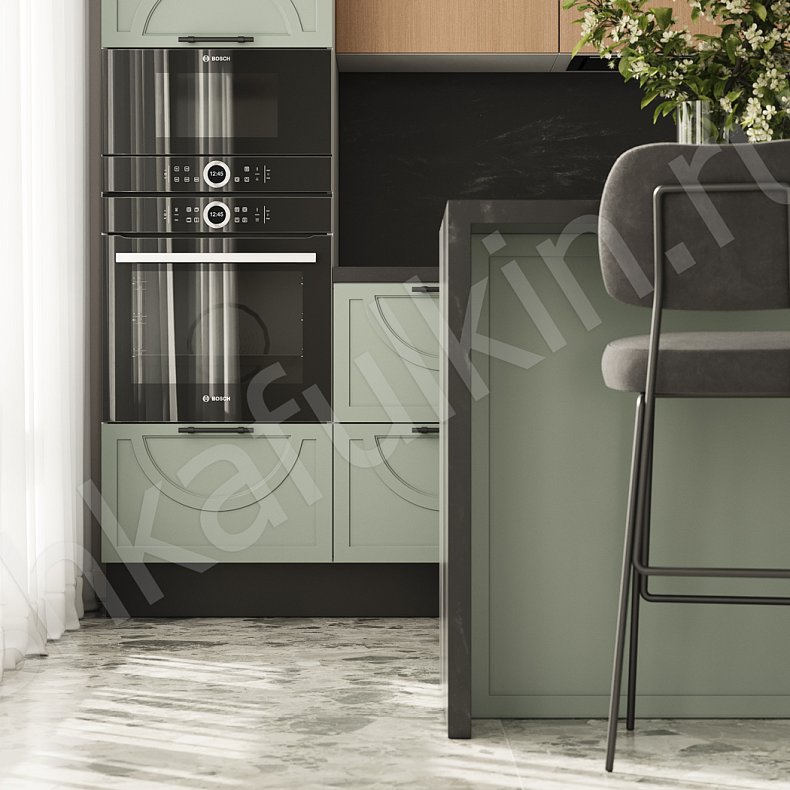 Изображение Кухня Омега Зеленый Светлые Древесный Цветной Неоклассика   Для посуды 3