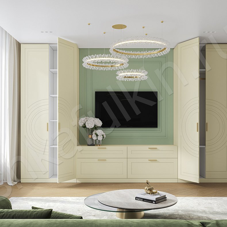 Изображение Стенка Линдор Синий Цветной Коричневый Светлые Неоклассика 4х створчатые Гостиная Под ТВ Для вещей 12