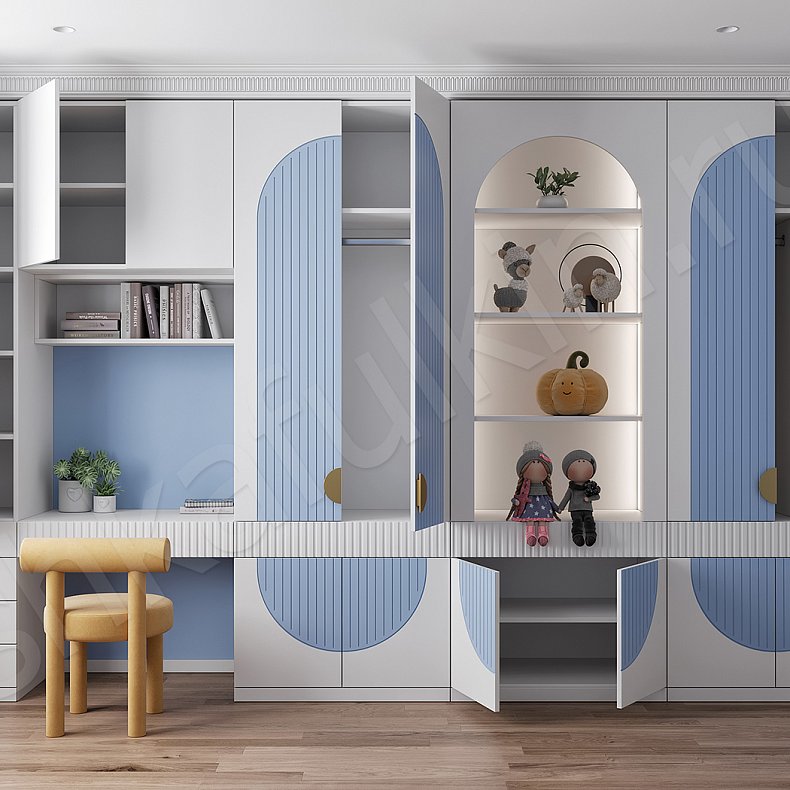 Детская Рианна Розовый Светлые Синий Цветной Белый Современный 4х створчатые Детская Для вещей Для декора Для книг 4