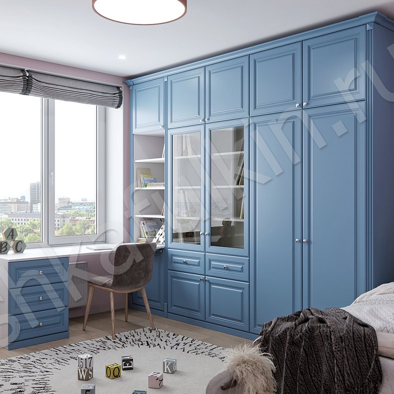 Изображение Мебель в детскую Фелиция Белый Цветной Синий Светлые Классика 4х створчатые Детская Для книг Для декора Для вещей 3