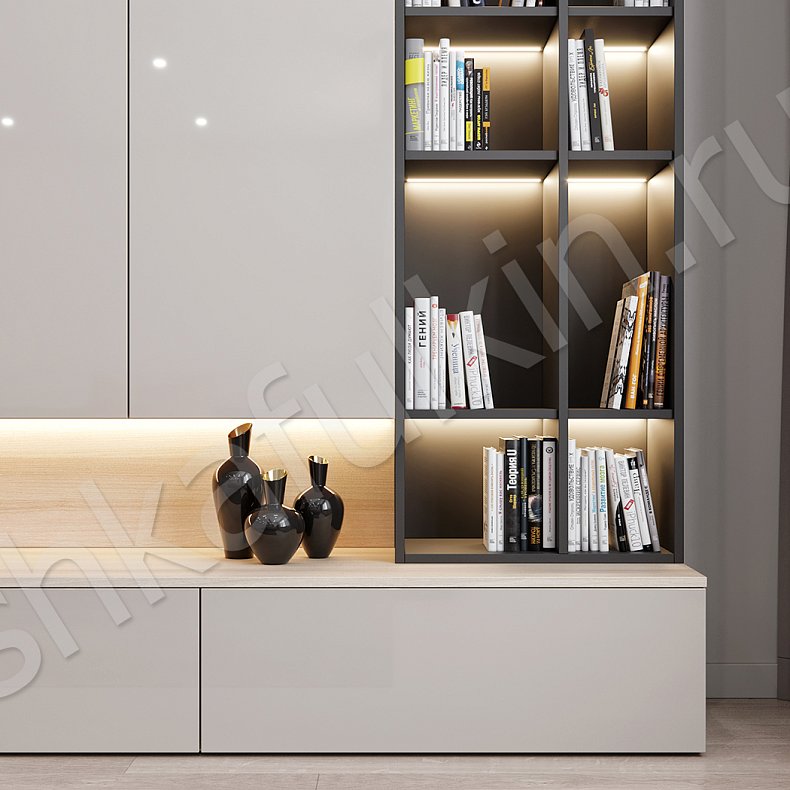 Изображение Стенка Бенита Коричневый Светлые Современный 6и створчатые Гостиная Для книг Для декора Под ТВ Для вещей 4