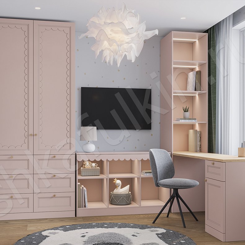 Изображение Гарнитур Аскетта Цветной Розовый Светлые Неоклассика 2х створчатые Детская Для книг Для декора Под ТВ Для вещей 1