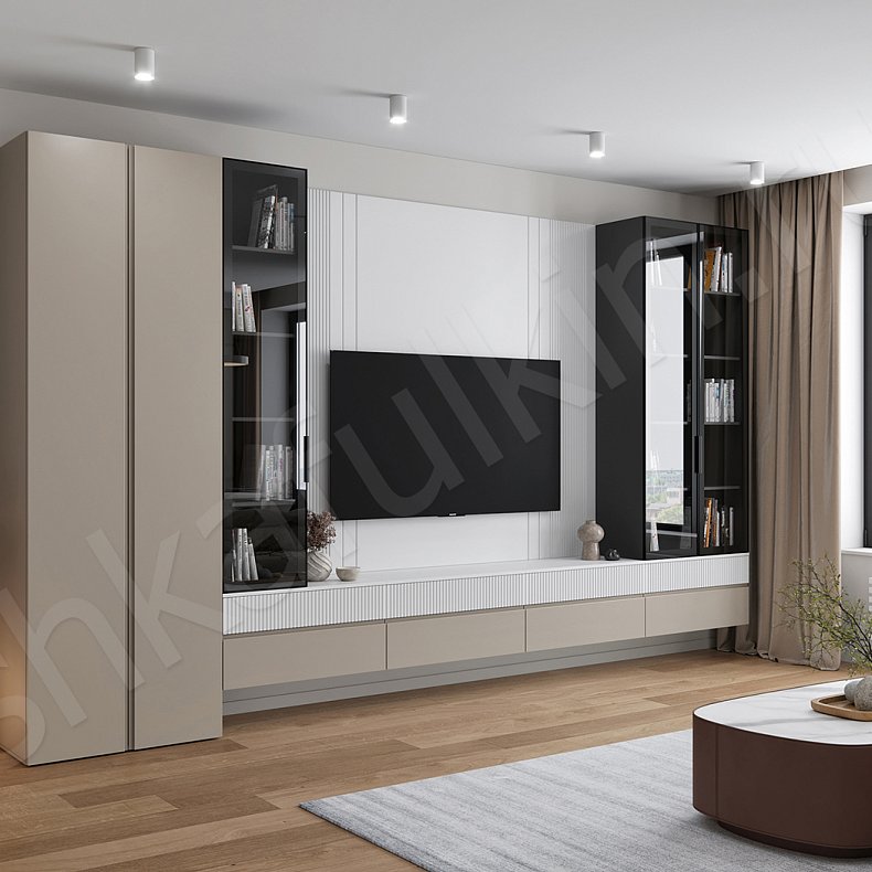 Изображение Стенка Айрис Коричневый Светлые Современный 5и створчатые Гостиная Для книг Для декора Под ТВ Для вещей 2