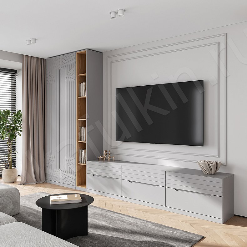 Стенка со стеллажом Паттерн Серый Светлые Современный  Гостиная Для вещей Под ТВ Для декора Для книг