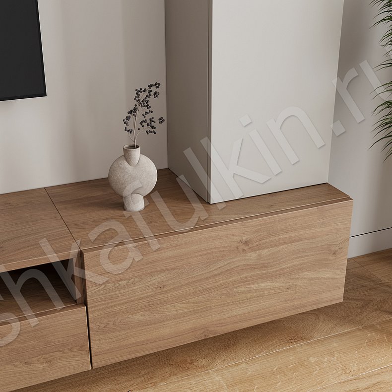 Изображение Стенка Вуди Коричневый Белый Древесный Светлые Скандинавский  Гостиная Для книг Для декора Для посуды Под ТВ 12