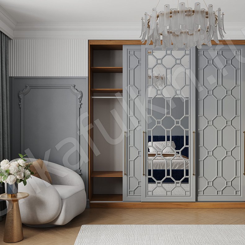 Изображение Шкаф-купе Сакура Серый Древесный Неоклассика 3х створчатые Спальня Для белья 4