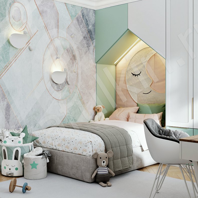 Изображение Детская Гринлайн Белый Цветной Светлые Зеленый Неоклассика 3х створчатые Детская Для книг Для декора Для вещей 2