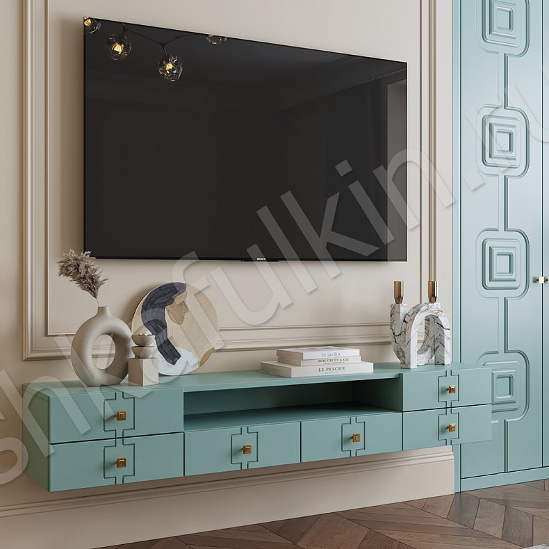 Изображение Гарнитур Тиффани Синий Светлые Зеленый Неоклассика 2х створчатые Гостиная Под ТВ Для вещей 3