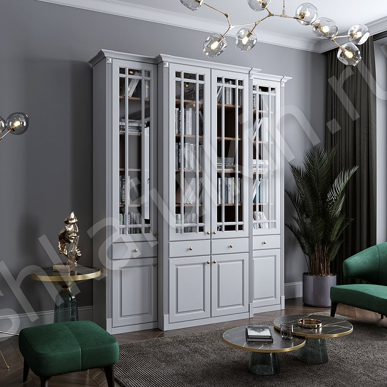Шкаф Сергиус Белый Цветной Серый Синий Неоклассика 4х створчатые Гостиная Для книг Для декора Для посуды 1