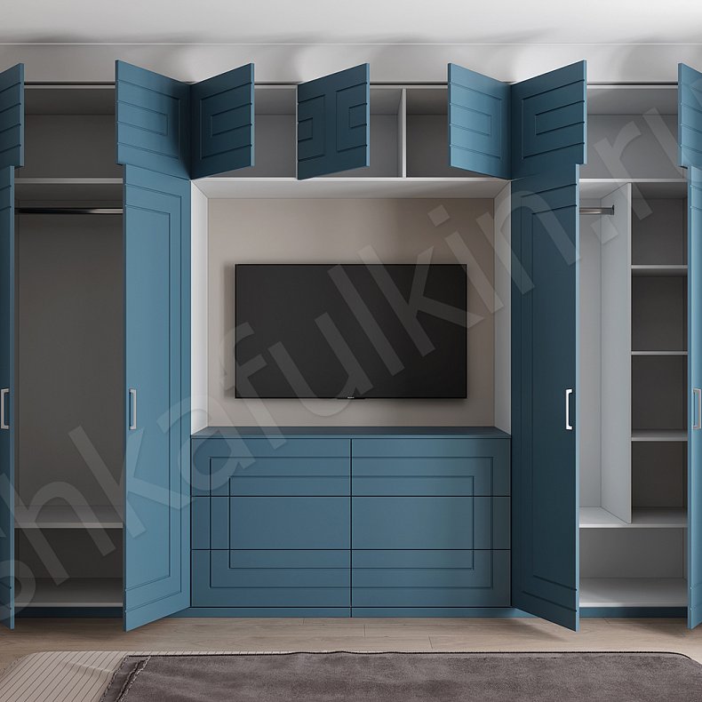 Изображение Гарнитур Виолетта Цветной Серый Синий Темные Минимализм 4х створчатые Спальня Под ТВ Для вещей 4