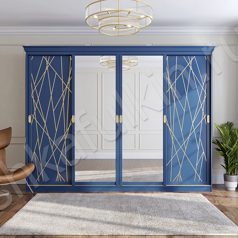 Изображение Корпусный шкаф-купе Индиго Цветной Синий Модерн 4х створчатые Гостиная Для вещей 1
