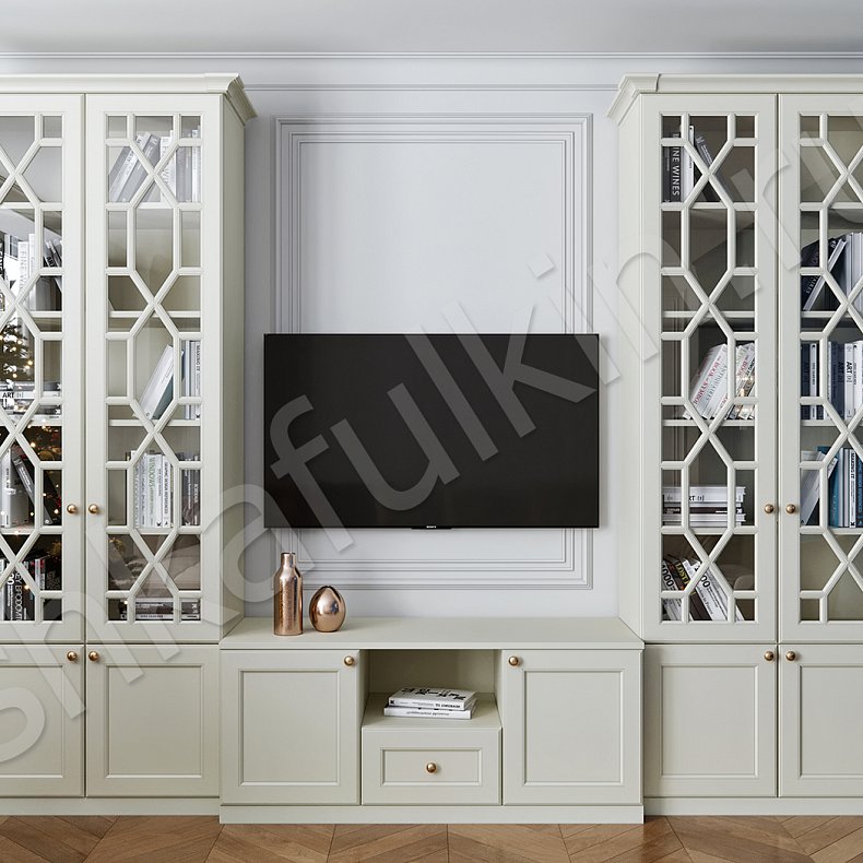 Изображение Гарнитур Смит Белый Цветной Синий Светлые Темные Неоклассика 2х створчатые Гостиная Для книг Под ТВ 2