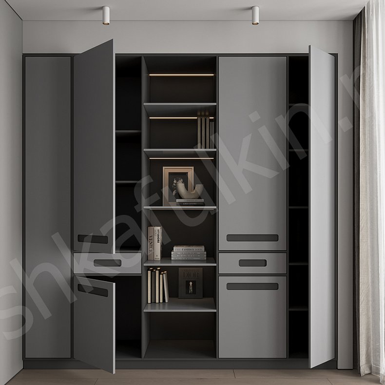 Изображение Шкаф встроенный Параллель Серый Современный 4х створчатые Детская Для вещей Для книг 5