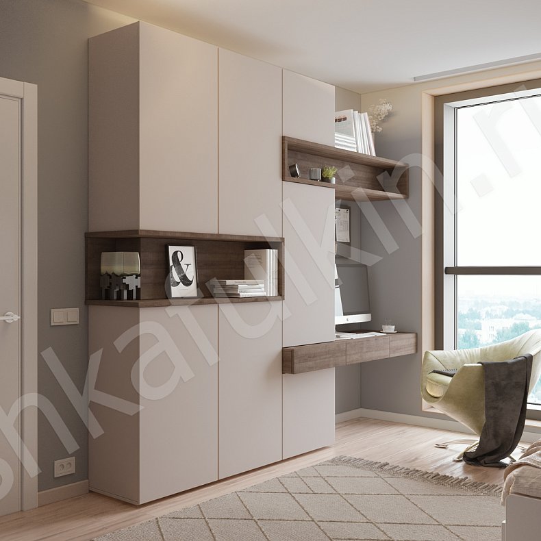 Изображение Шкаф с рабочей зоной Джамбо Светлые Белый Черный Древесный Серый Темные Скандинавский 3х створчатые Спальня Для книг Для декора Для вещей 4