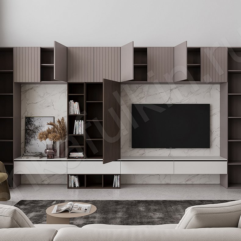 Изображение Стенка Фраппе Коричневый Древесный Светлые Современный 3х створчатые Гостиная Для книг Под ТВ Для вещей 5