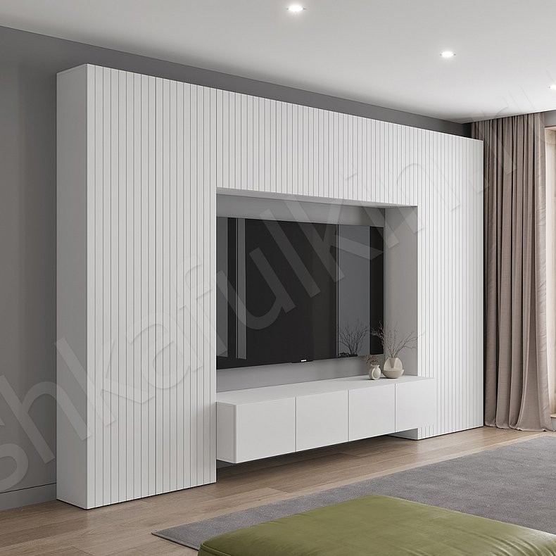 Изображение Стенка Базилио Светлые Белый Минимализм 4х створчатые Гостиная Для вещей Под ТВ 2