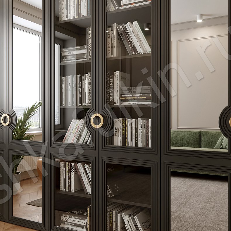 Шкаф-витрина Севилья Черный Золото Темные Неоклассика 4х створчатые Гостиная Для книг Для вещей 7