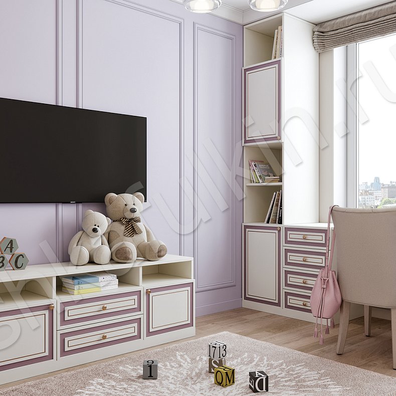 Изображение Детская Лора Белый Цветной Розовый Светлые Зеленый Классика 4х створчатые Детская Для книг Под ТВ Для вещей 10