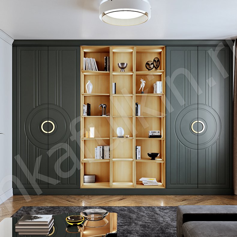 Шкаф встроенный Кьяра Цветной Темные Зеленый Неоклассика 4х створчатые Гостиная Для книг 1