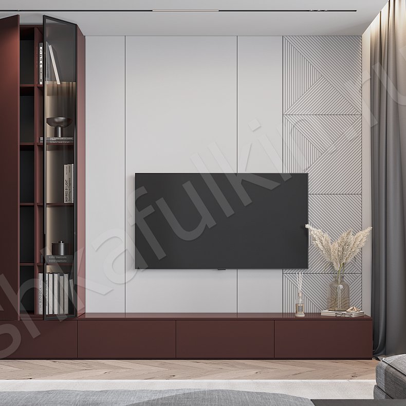 Изображение Стенка Ферреро Красный Цветной Коричневый Темные Современный 2х створчатые Гостиная Для книг Для декора Под ТВ 2