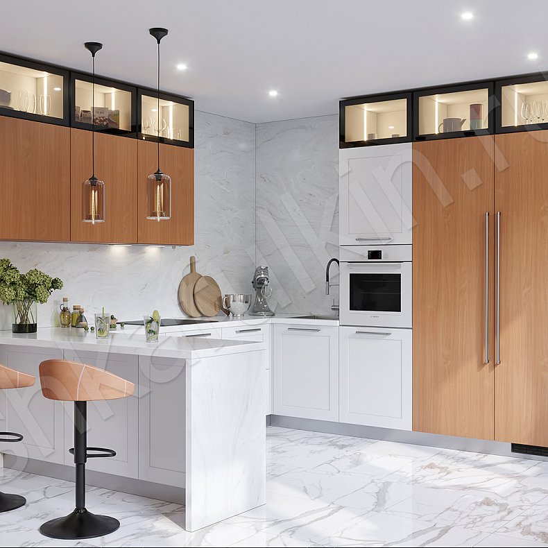 Изображение Кухня Аркобалена Светлые Белый Цветной Древесный Неоклассика Для декора Для посуды 1