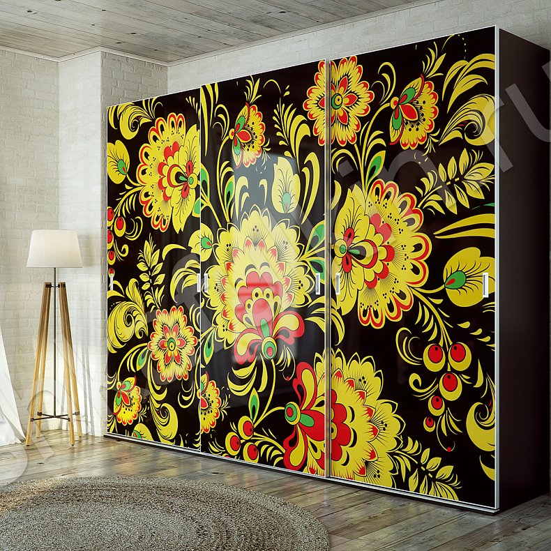 Корпусный шкаф-купе Хохлома Светлые Красный Цветной Этнический 3х створчатые Гостиная Для вещей