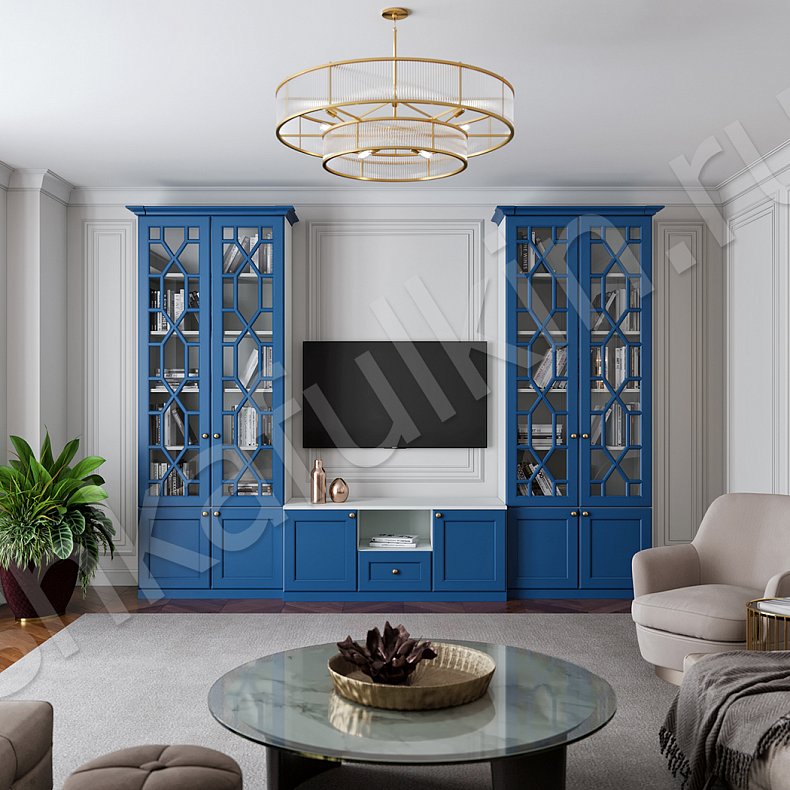 Изображение Гарнитур Смит Белый Цветной Синий Светлые Темные Неоклассика 2х створчатые Гостиная Для книг Под ТВ 1