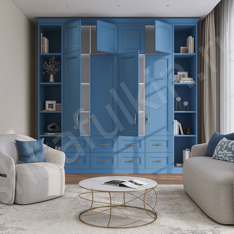 Шкаф Параиба Цветной Синий Светлые Классика 4х створчатые Гостиная Для книг Для декора Для вещей 6