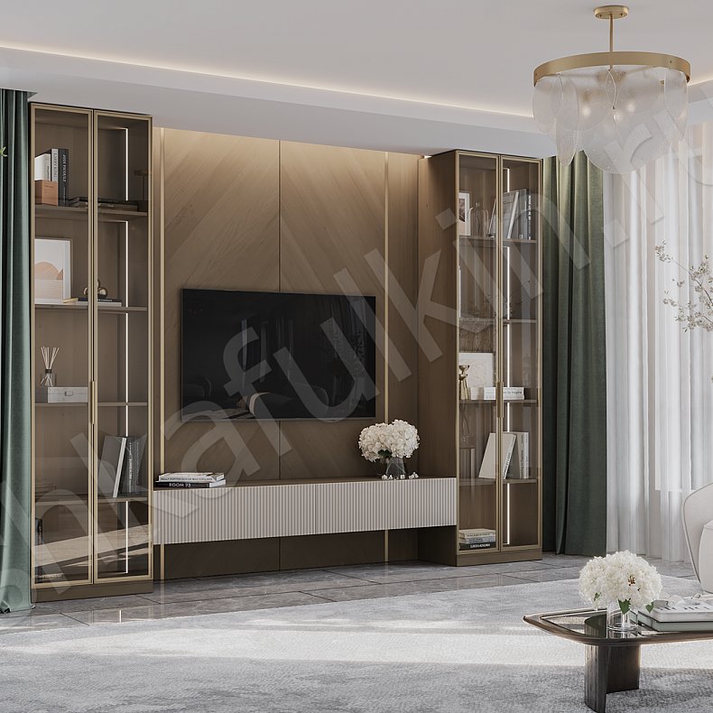 Изображение Стенка Энцелат Светлые Древесный Коричневый Современный 2х створчатые Гостиная Для книг Для декора Под ТВ 2