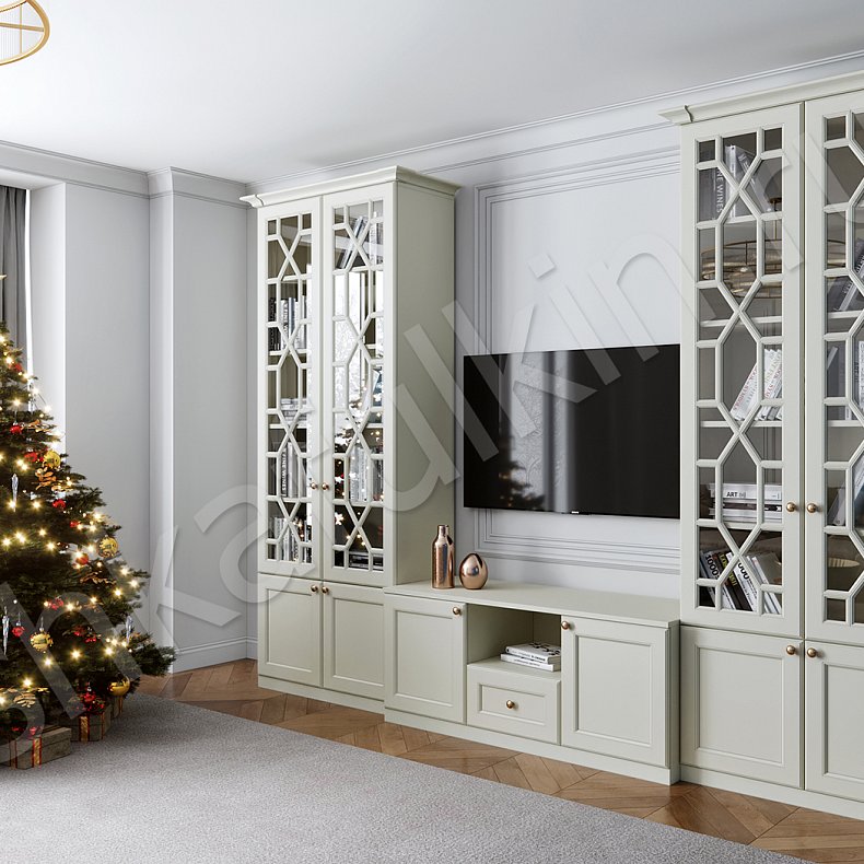 Изображение Гарнитур Смит Белый Цветной Синий Светлые Темные Неоклассика 2х створчатые Гостиная Для книг Под ТВ 6