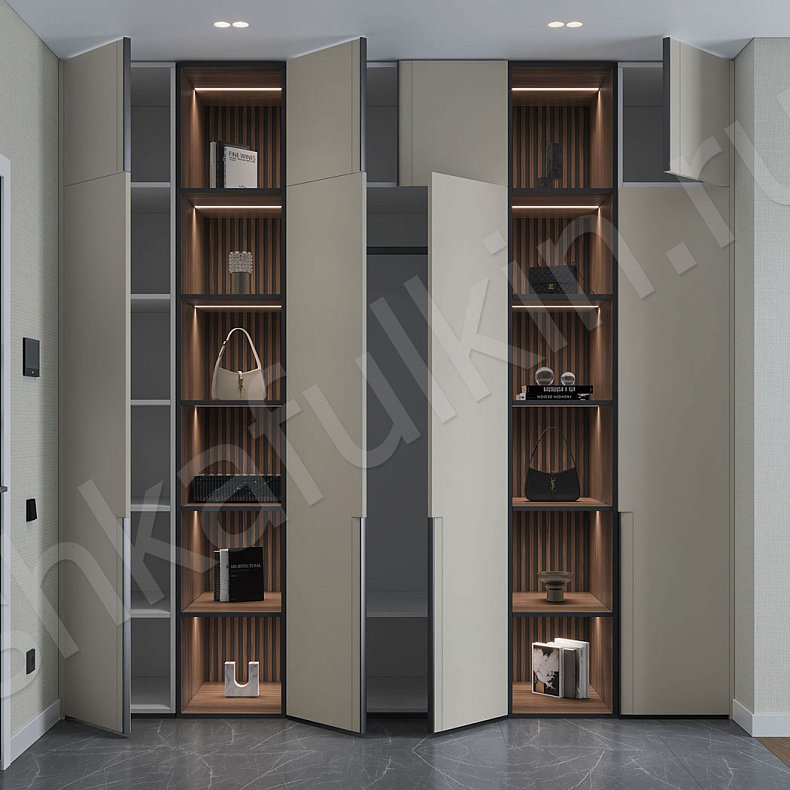 Прихожая с двумя стеллажами Партенио Коричневый Древесный Светлые Современный 4х створчатые Прихожая Для декора Для вещей 5