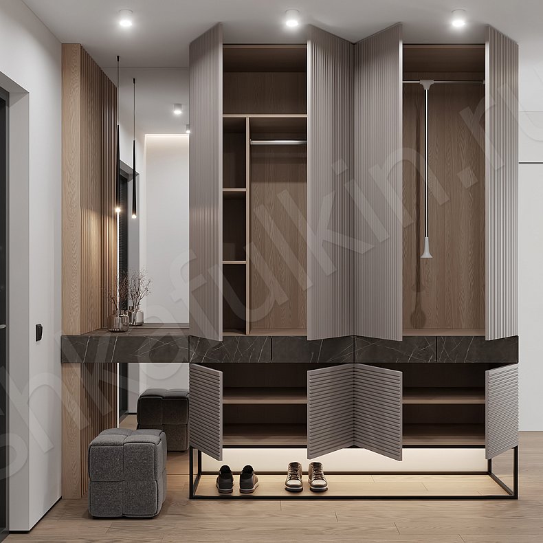 Шкаф в прихожую Шондер Древесный Темные Серый Современный 4х створчатые Прихожая Для вещей 2