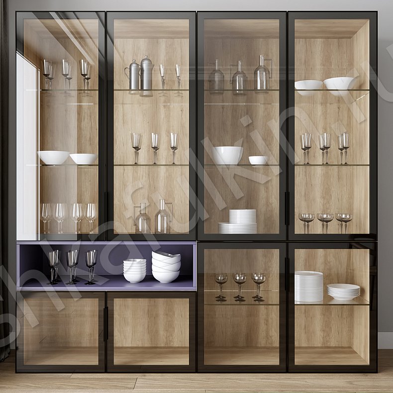 Шкаф-витрина Сервантес Цветной Черный Древесный Розовый Светлые Современный 4х створчатые Гостиная Для книг Для посуды 3