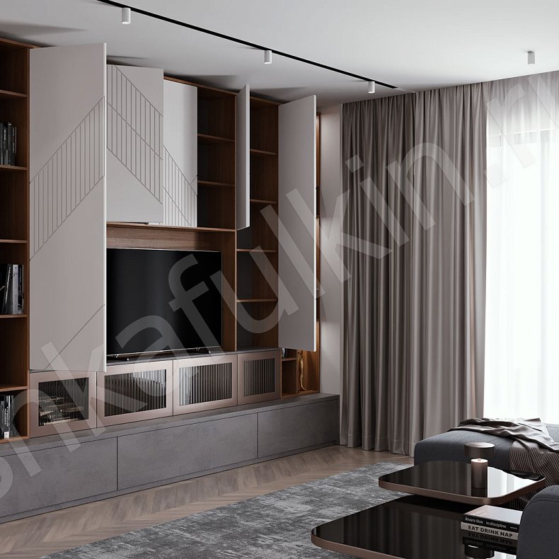 Изображение Стенка Мирра Светлые Белый Древесный Серый Современный Гостиная Для книг Для декора Под ТВ 5