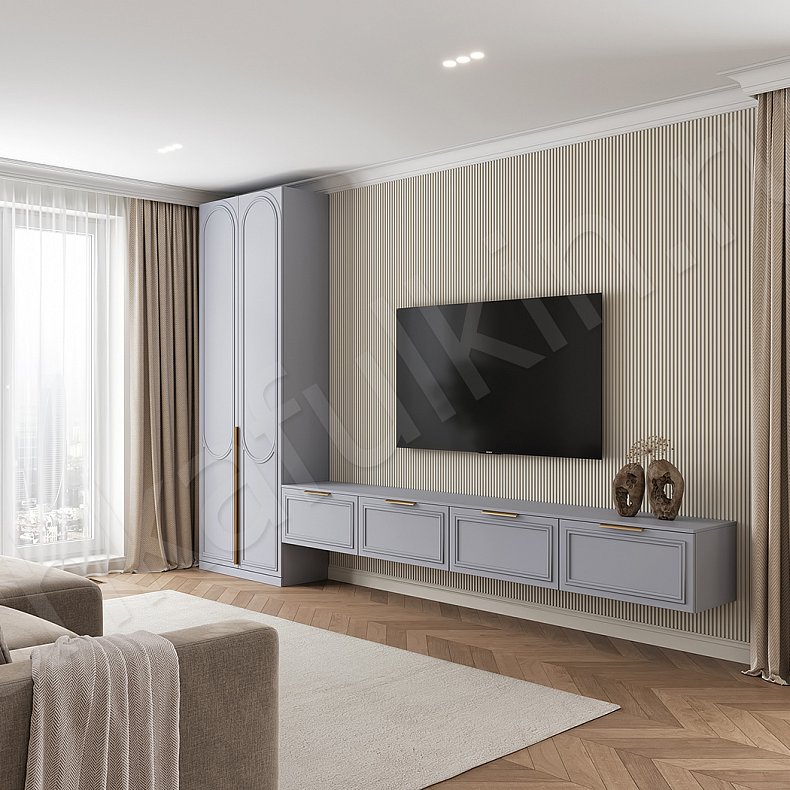 Стенка Новелла Серый Светлые Современный 2х створчатые Гостиная Для вещей Под ТВ
