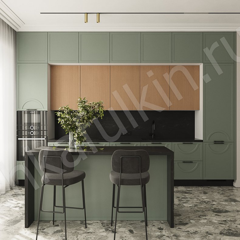 Изображение Кухня Омега Зеленый Светлые Древесный Цветной Неоклассика   Для посуды 1