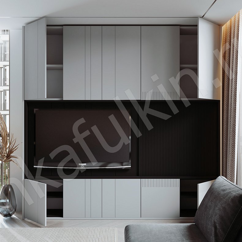 Изображение Стенка Фредерик Черный Светлые Серый Современный 6и створчатые Гостиная Для книг Под ТВ Для вещей 2