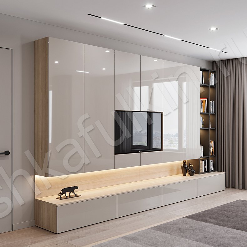 Стенка Бенита Коричневый Светлые Современный 6и створчатые Гостиная Для книг Для декора Под ТВ Для вещей