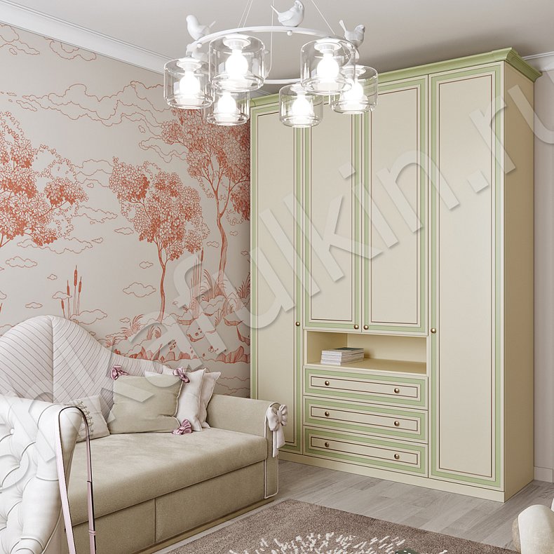 Изображение Детская Лора Белый Цветной Розовый Светлые Зеленый Классика 4х створчатые Детская Для книг Под ТВ Для вещей 3