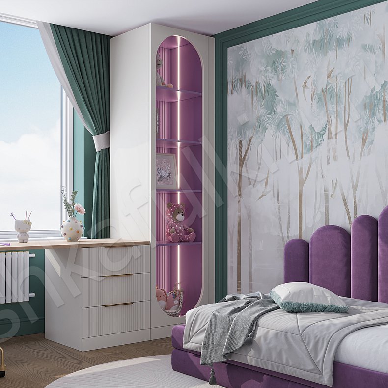 Изображение Гарнитур Скаволлини Светлые Розовый Белый Современный 3х створчатые Детская Для вещей Для декора Для книг Для белья 4