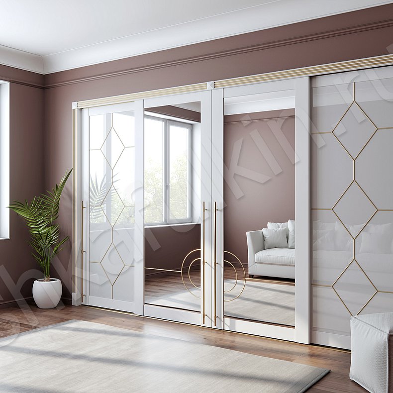 Встроенный шкаф-купе Диана Белый Золото Классика 4х створчатые Спальня Для вещей