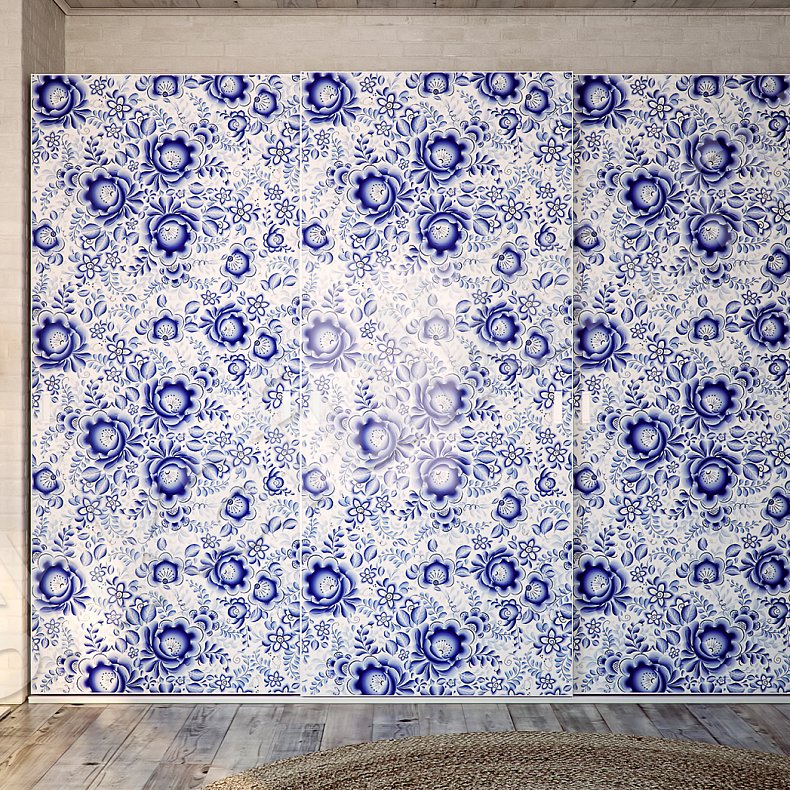 Изображение Корпусный шкаф-купе Гжель Светлые Синий Белый Этнический 3х створчатые Гостиная Для вещей 1