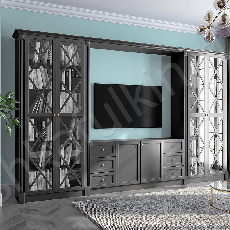 Изображение Стенка Фрейд Темные Серый Классика 4х створчатые Гостиная Для книг Под ТВ 1