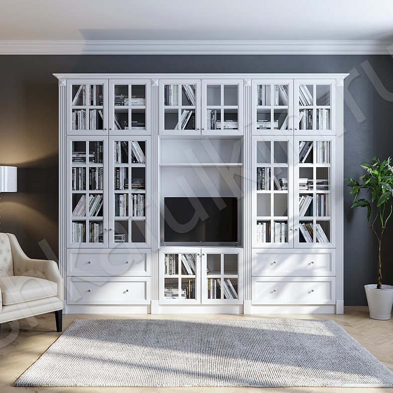 Стенка Коста Светлые Белый Классика 4х створчатые Гостиная Под ТВ Для книг